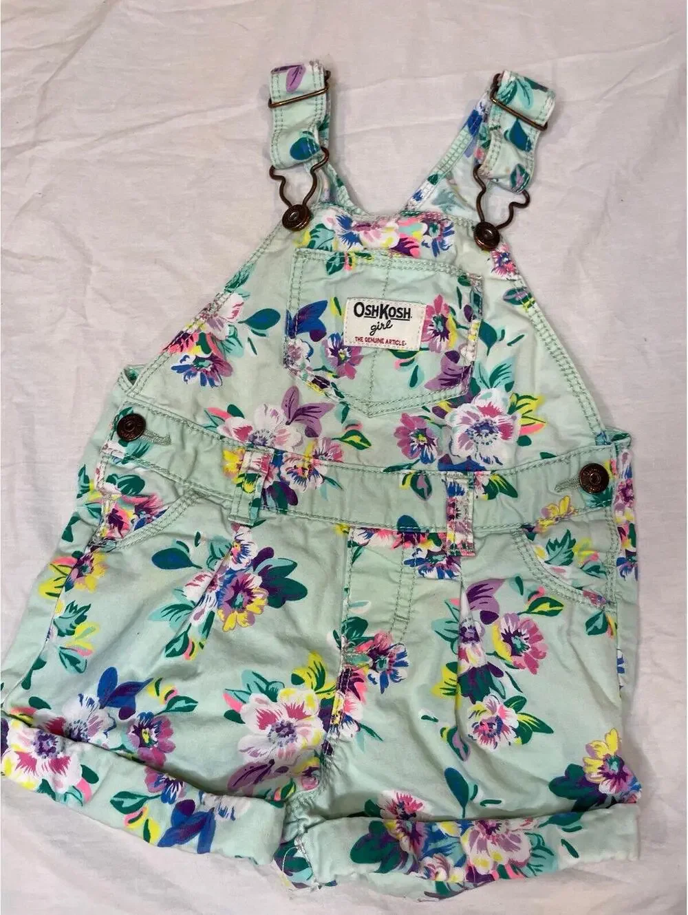 OshKosh Floral Overalls 18 Months Mint Green Shortalls Girls Vintage Style